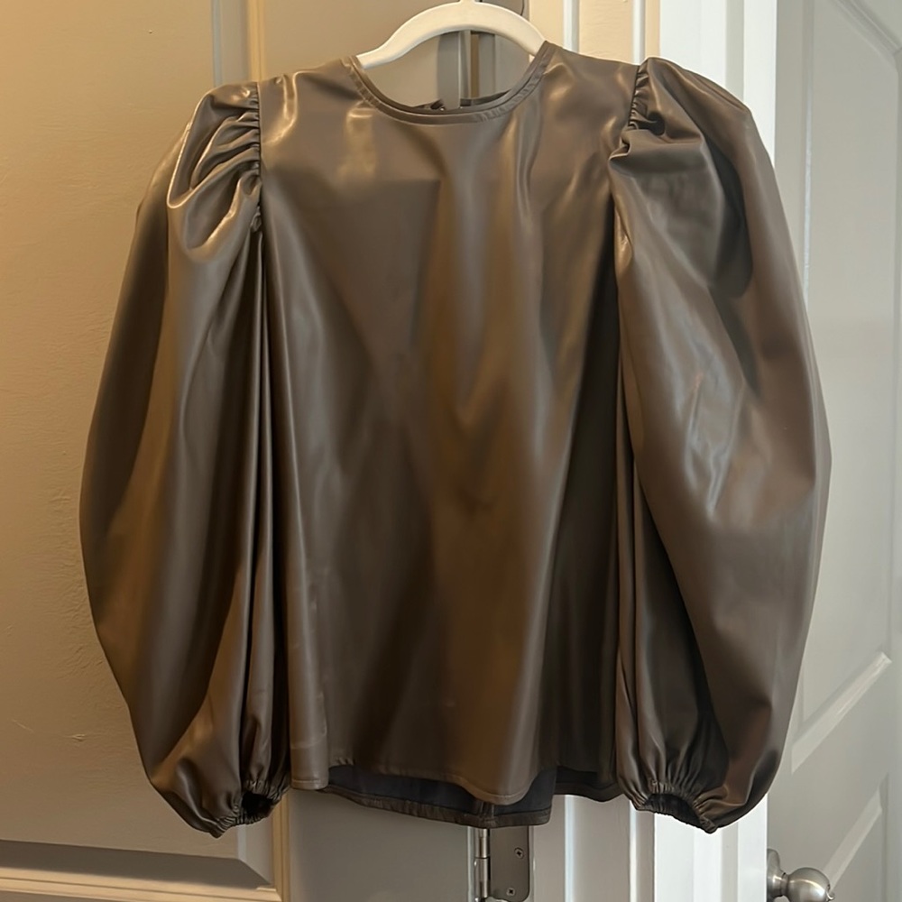 Leather puff sleeve blouse